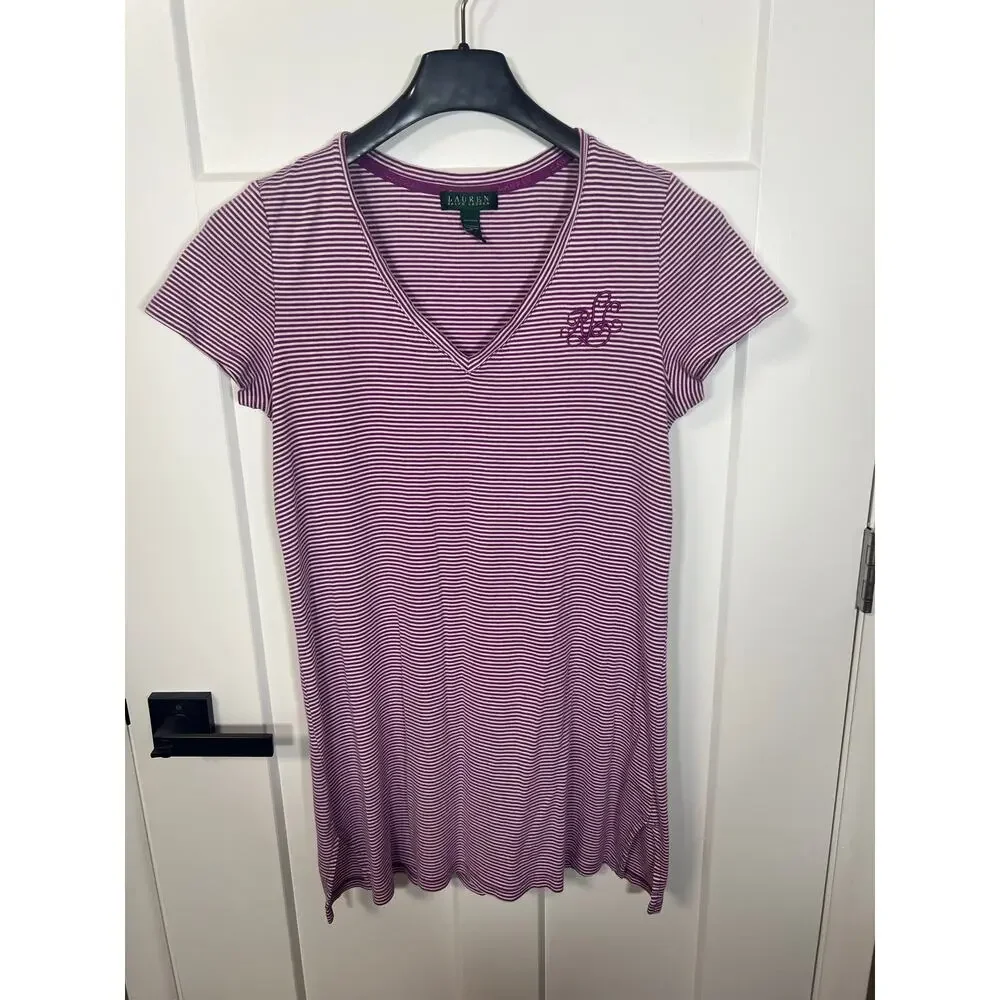 Lauren Ralph Lauren Women's Size M Purple White Stripe V-neck Cotton Tee Dress - Picture 2 of 8